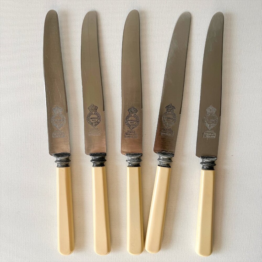Vintage Superior Cutlery Sheffield Firth Brearley Set 5 Dinner Knives 9.5" MCM